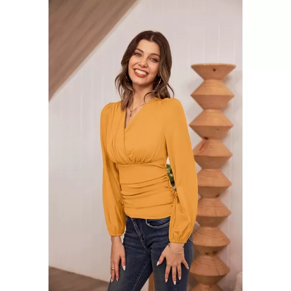 GRACE KARIN 2024 Womens Tops Elegant Wrap Blouse V Neck Work Shirts Fall Fashion Long Sleeve Dressy Casual Ruched TopMustard Yellow