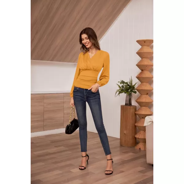 GRACE KARIN 2024 Womens Tops Elegant Wrap Blouse V Neck Work Shirts Fall Fashion Long Sleeve Dressy Casual Ruched TopMustard Yellow
