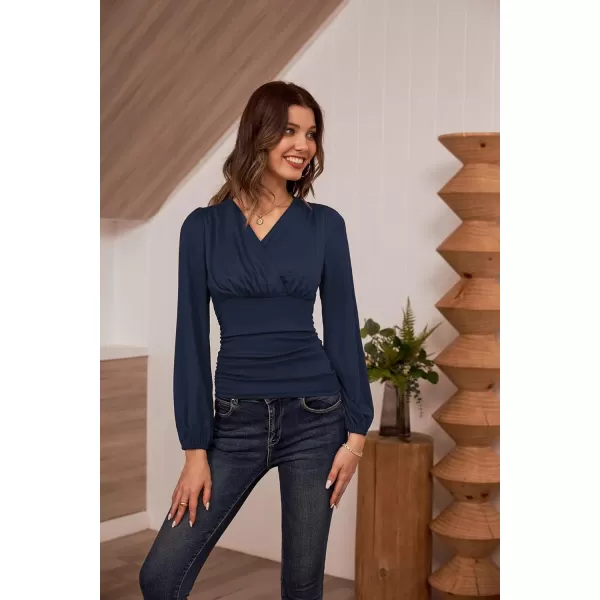 GRACE KARIN 2024 Womens Tops Elegant Wrap Blouse V Neck Work Shirts Fall Fashion Long Sleeve Dressy Casual Ruched TopNavy Blue