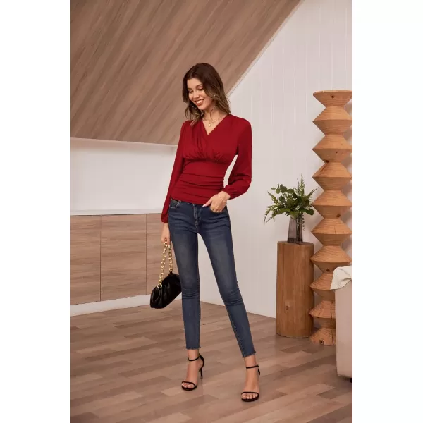 GRACE KARIN 2024 Womens Tops Elegant Wrap Blouse V Neck Work Shirts Fall Fashion Long Sleeve Dressy Casual Ruched TopRed