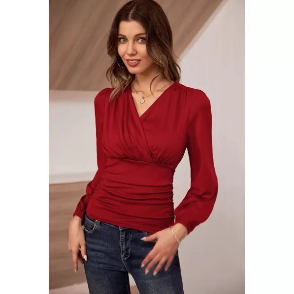 GRACE KARIN 2024 Womens Tops Elegant Wrap Blouse V Neck Work Shirts Fall Fashion Long Sleeve Dressy Casual Ruched TopRed