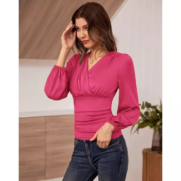 GRACE KARIN 2024 Womens Tops Elegant Wrap Blouse V Neck Work Shirts Fall Fashion Long Sleeve Dressy Casual Ruched TopRose Red