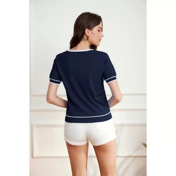 GRACE KARIN Short Sleeve Contrast Cardigan Sweaters for Women Summer Casual Striped Button Down Bolero ShrugNavy Bluewhite Edge