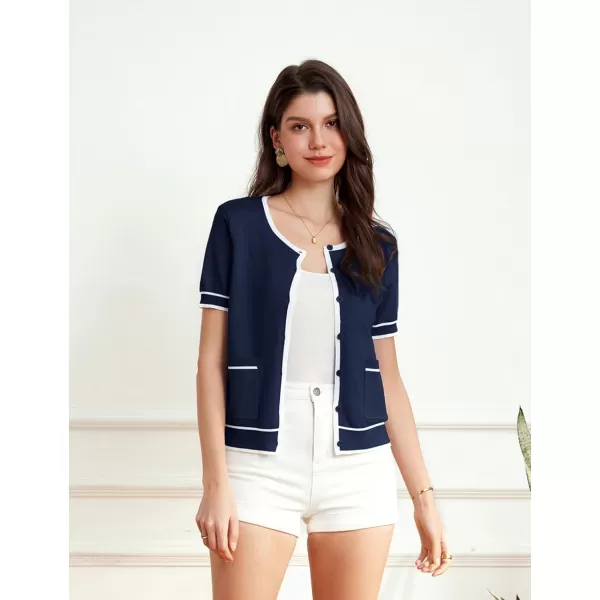 GRACE KARIN Short Sleeve Contrast Cardigan Sweaters for Women Summer Casual Striped Button Down Bolero ShrugNavy Bluewhite Edge
