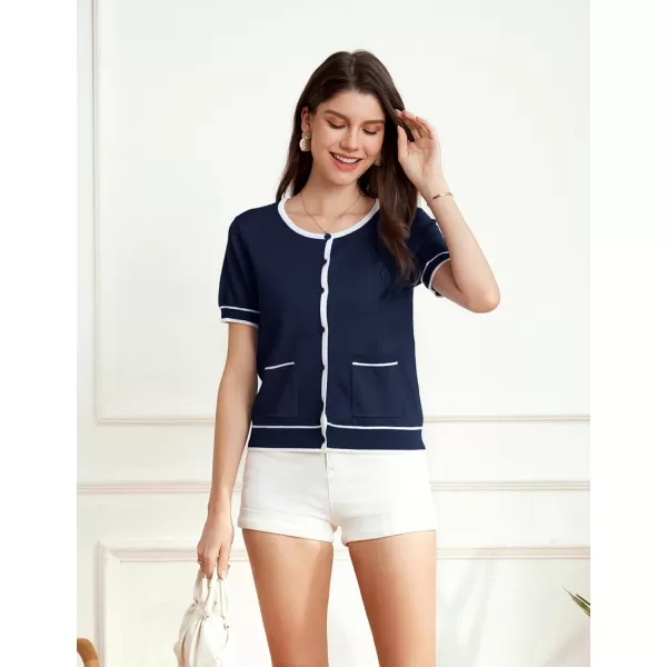 GRACE KARIN Short Sleeve Contrast Cardigan Sweaters for Women Summer Casual Striped Button Down Bolero ShrugNavy Bluewhite Edge