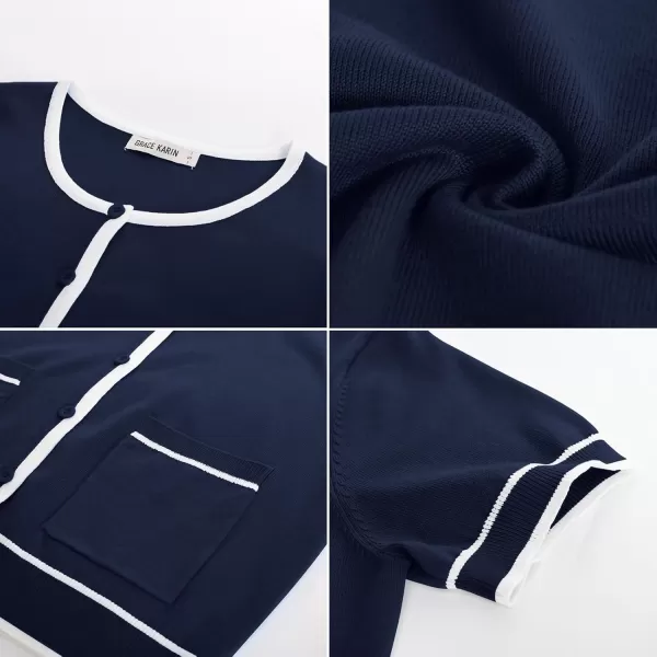 GRACE KARIN Short Sleeve Contrast Cardigan Sweaters for Women Summer Casual Striped Button Down Bolero ShrugNavy Bluewhite Edge