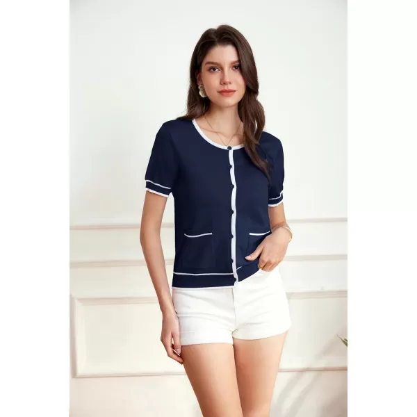 GRACE KARIN Short Sleeve Contrast Cardigan Sweaters for Women Summer Casual Striped Button Down Bolero ShrugNavy Bluewhite Edge