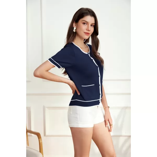 GRACE KARIN Short Sleeve Contrast Cardigan Sweaters for Women Summer Casual Striped Button Down Bolero ShrugNavy Bluewhite Edge