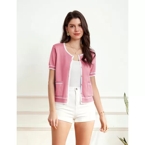 GRACE KARIN Short Sleeve Contrast Cardigan Sweaters for Women Summer Casual Striped Button Down Bolero ShrugPinkwhite Edge