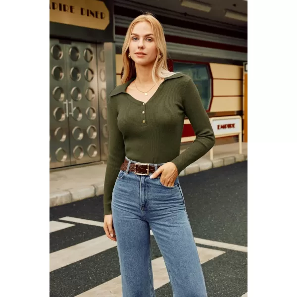 GRACE KARIN Womens 2024 Fall Long Sleeve V Neck Pullover Sweater Casual Lapel Collar Slim Fitted Knit TopsArmy Green