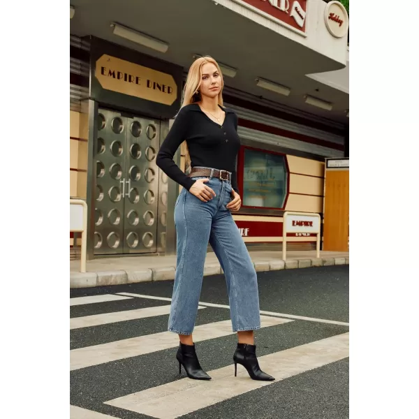 GRACE KARIN Womens 2024 Fall Long Sleeve V Neck Pullover Sweater Casual Lapel Collar Slim Fitted Knit TopsBlack