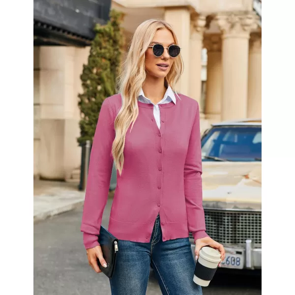 GRACE KARIN Womens Long Sleeve Button Down Crew Neck Classic Sweater Knit CardiganDark Pink