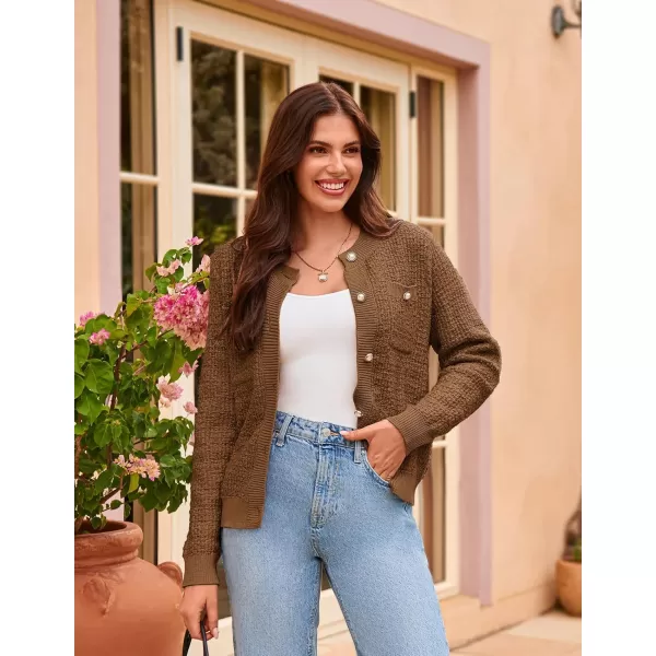 GRACE KARIN Womens Open Front Button Down Long Sleeve Texture Knit Cardigan Sweaters with PocketsBrown