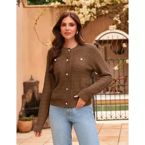 GRACE KARIN Womens Open Front Button Down Long Sleeve Texture Knit Cardigan Sweaters with PocketsBrown