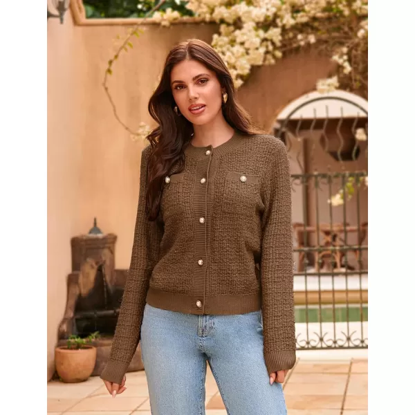 GRACE KARIN Womens Open Front Button Down Long Sleeve Texture Knit Cardigan Sweaters with PocketsBrown