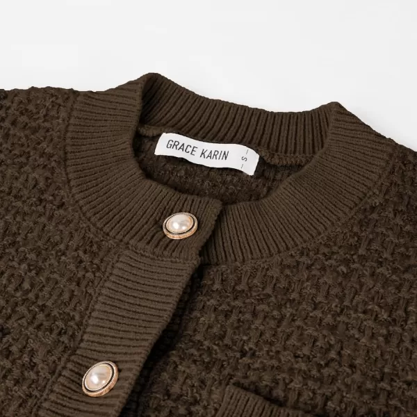 GRACE KARIN Womens Open Front Button Down Long Sleeve Texture Knit Cardigan Sweaters with PocketsCoffee