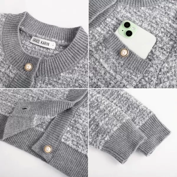 GRACE KARIN Womens Open Front Button Down Long Sleeve Texture Knit Cardigan Sweaters with PocketsGray