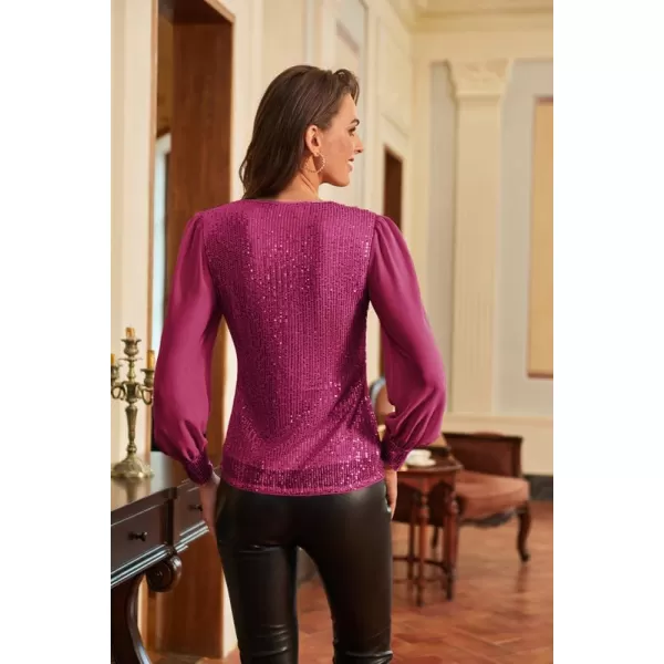 GRACE KARIN Womens Sequin Dressy Tops Chiffon Light Long Sleeve Glitter Sparkly Shimmer Party VNeck Slim Fit BlouseRose Red