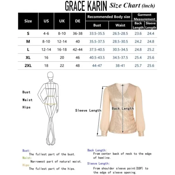 GRACE KARIN Womens Sequin Dressy Tops Chiffon Light Long Sleeve Glitter Sparkly Shimmer Party VNeck Slim Fit BlouseRose Red