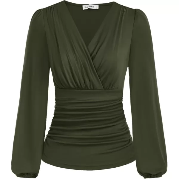 GRACE KARIN 2024 Womens Tops Elegant Wrap Blouse V Neck Work Shirts Fall Fashion Long Sleeve Dressy Casual Ruched TopArmy Green