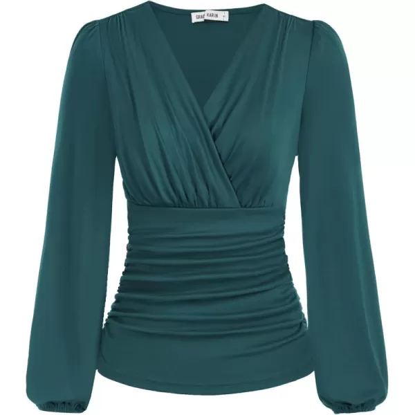 GRACE KARIN 2024 Womens Tops Elegant Wrap Blouse V Neck Work Shirts Fall Fashion Long Sleeve Dressy Casual Ruched TopBlue Green