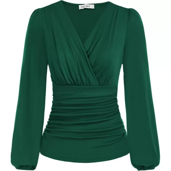 GRACE KARIN 2024 Womens Tops Elegant Wrap Blouse V Neck Work Shirts Fall Fashion Long Sleeve Dressy Casual Ruched TopDark Green