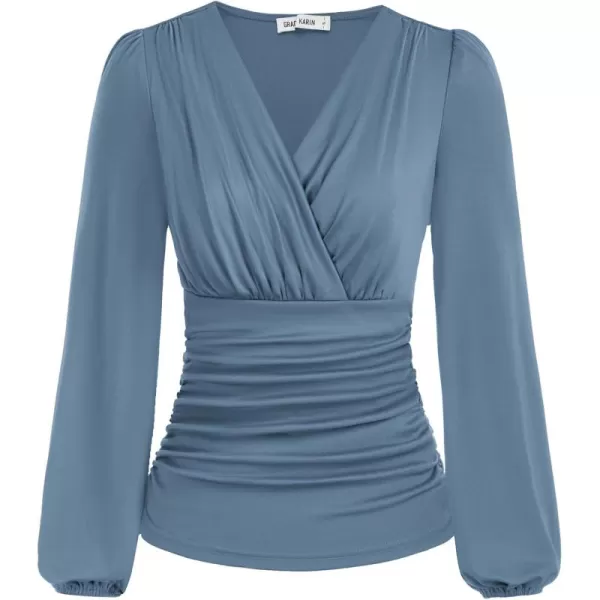 GRACE KARIN 2024 Womens Tops Elegant Wrap Blouse V Neck Work Shirts Fall Fashion Long Sleeve Dressy Casual Ruched TopHaze Blue