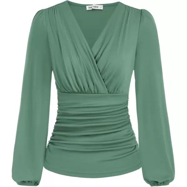 GRACE KARIN 2024 Womens Tops Elegant Wrap Blouse V Neck Work Shirts Fall Fashion Long Sleeve Dressy Casual Ruched TopLight Green