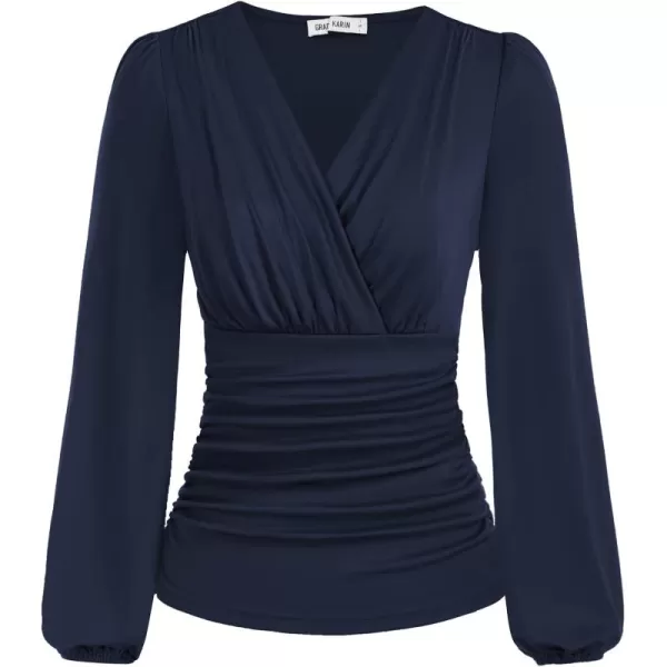 GRACE KARIN 2024 Womens Tops Elegant Wrap Blouse V Neck Work Shirts Fall Fashion Long Sleeve Dressy Casual Ruched TopNavy Blue