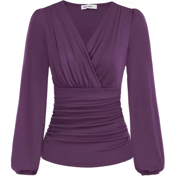 GRACE KARIN 2024 Womens Tops Elegant Wrap Blouse V Neck Work Shirts Fall Fashion Long Sleeve Dressy Casual Ruched TopPurple