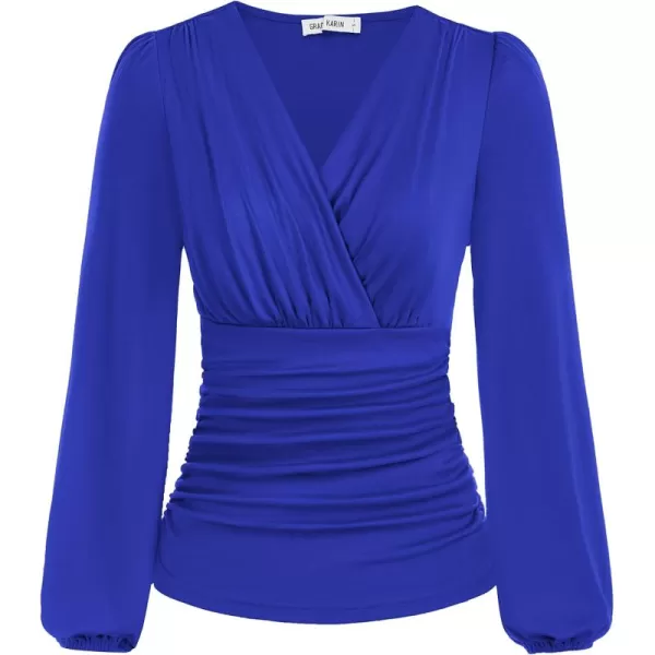 GRACE KARIN 2024 Womens Tops Elegant Wrap Blouse V Neck Work Shirts Fall Fashion Long Sleeve Dressy Casual Ruched TopRoyal Blue