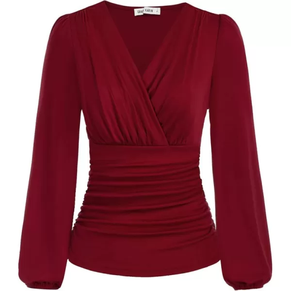 GRACE KARIN 2024 Womens Tops Elegant Wrap Blouse V Neck Work Shirts Fall Fashion Long Sleeve Dressy Casual Ruched TopWine Red