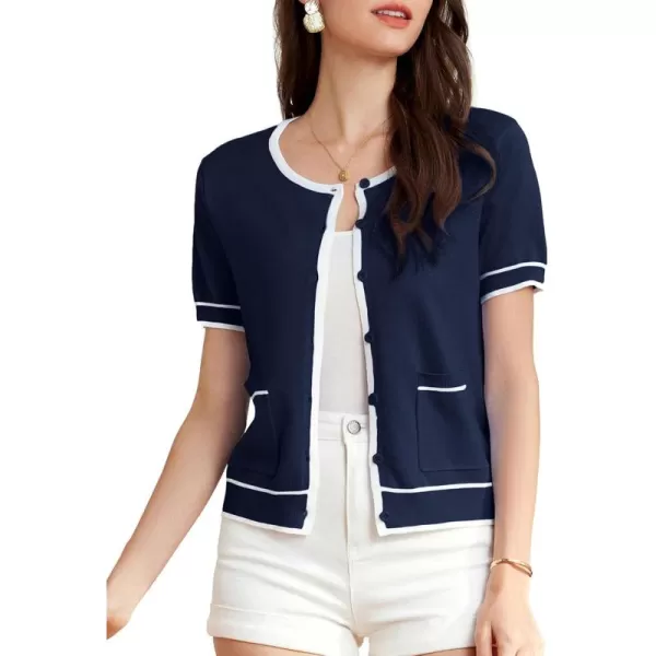 GRACE KARIN Short Sleeve Contrast Cardigan Sweaters for Women Summer Casual Striped Button Down Bolero ShrugNavy Bluewhite Edge