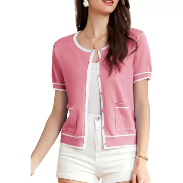 GRACE KARIN Short Sleeve Contrast Cardigan Sweaters for Women Summer Casual Striped Button Down Bolero ShrugPinkwhite Edge