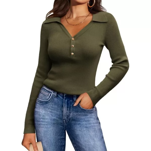 GRACE KARIN Womens 2024 Fall Long Sleeve V Neck Pullover Sweater Casual Lapel Collar Slim Fitted Knit TopsArmy Green