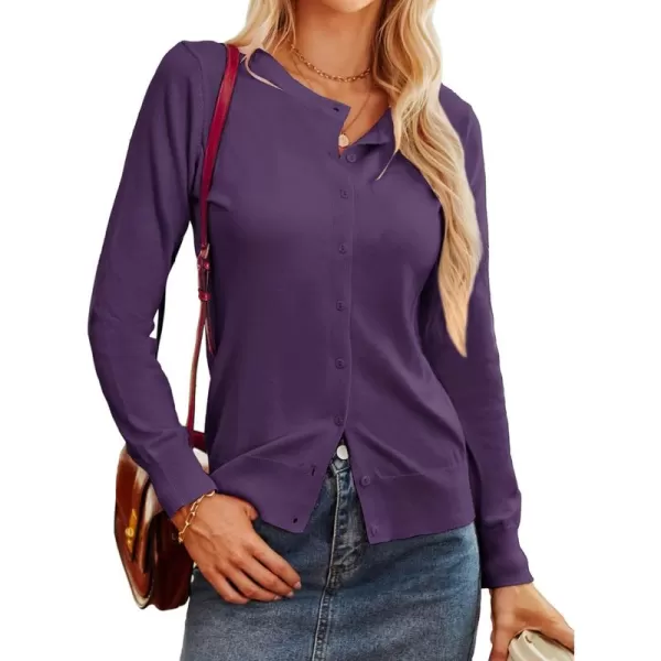 GRACE KARIN Womens Long Sleeve Button Down Crew Neck Classic Sweater Knit CardiganDark Purple