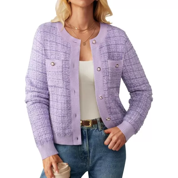 GRACE KARIN Womens Open Front Button Down Long Sleeve Texture Knit Cardigan Sweaters with PocketsLilac