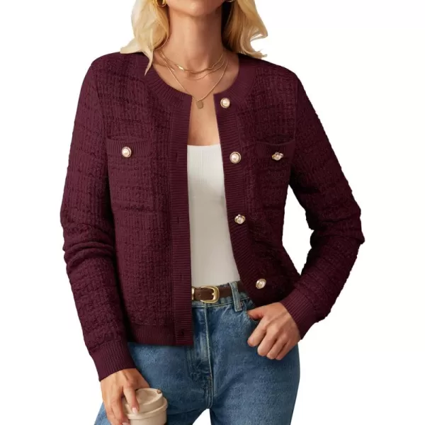 GRACE KARIN Womens Open Front Button Down Long Sleeve Texture Knit Cardigan Sweaters with PocketsWine Red