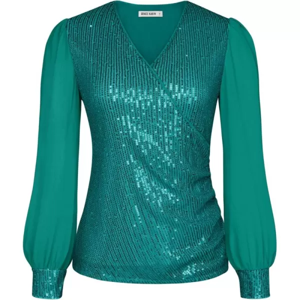 GRACE KARIN Womens Sequin Dressy Tops Chiffon Light Long Sleeve Glitter Sparkly Shimmer Party VNeck Slim Fit BlouseAqua