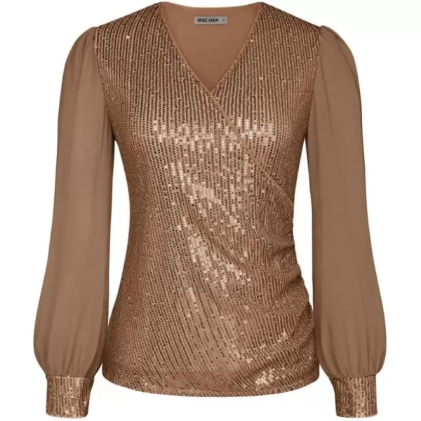 GRACE KARIN Womens Sequin Dressy Tops Chiffon Light Long Sleeve Glitter Sparkly Shimmer Party VNeck Slim Fit BlouseBrown