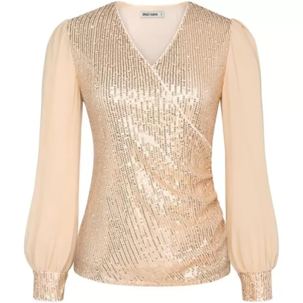 GRACE KARIN Womens Sequin Dressy Tops Chiffon Light Long Sleeve Glitter Sparkly Shimmer Party VNeck Slim Fit BlouseChampagne