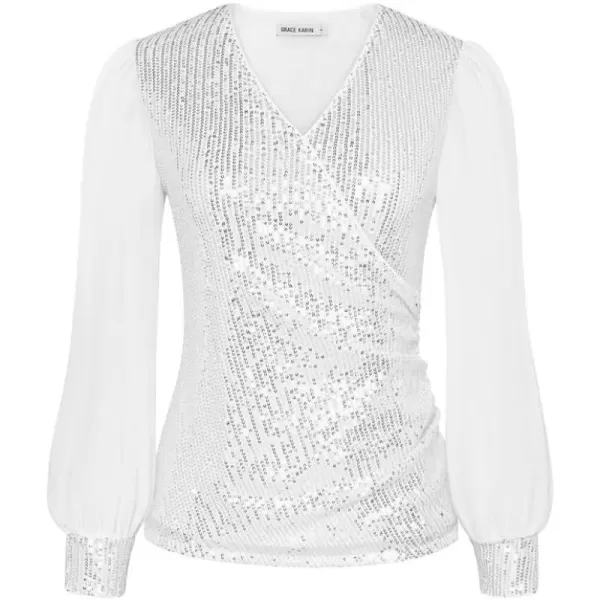 GRACE KARIN Womens Sequin Dressy Tops Chiffon Light Long Sleeve Glitter Sparkly Shimmer Party VNeck Slim Fit BlouseSilver