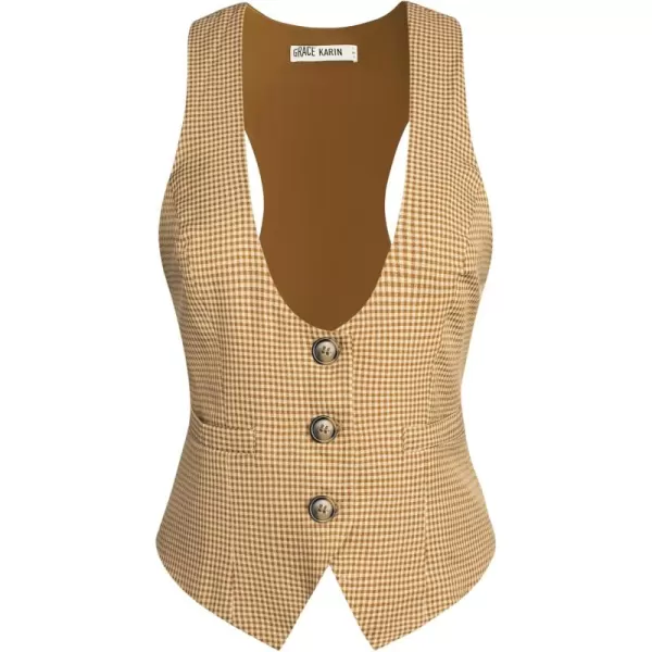 GRACE KARIN Womens Vest Top 2024 Trendy Academia Steampunk Waistcoat Vest For Women Racerback Vest BlazerKhaki Plaid