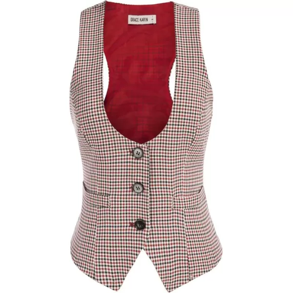 GRACE KARIN Womens Vest Top 2024 Trendy Academia Steampunk Waistcoat Vest For Women Racerback Vest BlazerPlaid Red