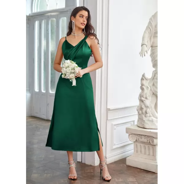 GRACE KARIN Womens 2023 Satin A Line Midi Dress Asymmetric Straps V Neck Slit Cocktail Party Wedding Guest Slip DressBlackish Green