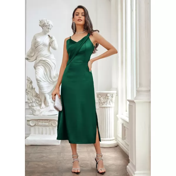 GRACE KARIN Womens 2023 Satin A Line Midi Dress Asymmetric Straps V Neck Slit Cocktail Party Wedding Guest Slip DressBlackish Green