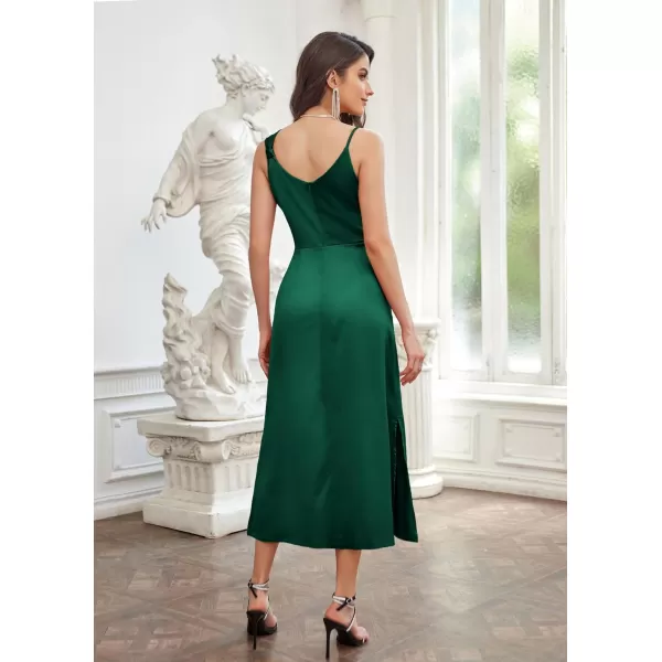 GRACE KARIN Womens 2023 Satin A Line Midi Dress Asymmetric Straps V Neck Slit Cocktail Party Wedding Guest Slip DressBlackish Green