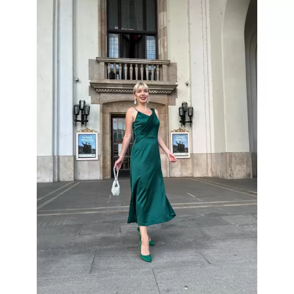 GRACE KARIN Womens 2023 Satin A Line Midi Dress Asymmetric Straps V Neck Slit Cocktail Party Wedding Guest Slip DressBlackish Green