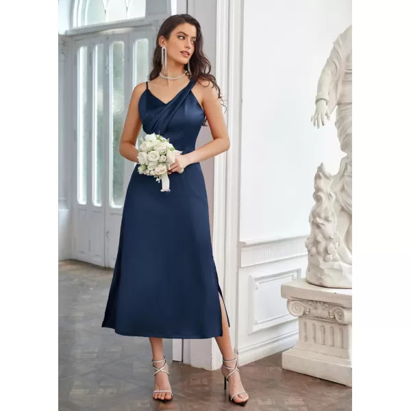 GRACE KARIN Womens 2023 Satin A Line Midi Dress Asymmetric Straps V Neck Slit Cocktail Party Wedding Guest Slip DressNavy Blue