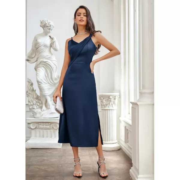 GRACE KARIN Womens 2023 Satin A Line Midi Dress Asymmetric Straps V Neck Slit Cocktail Party Wedding Guest Slip DressNavy Blue